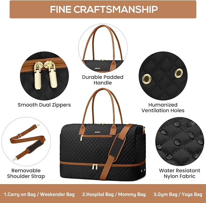 Travel Bag Weekender Bags for Women - Carry on Overnight Bag with Shoe Compartment Duffle Bag with Laptop Pocket Hospital Bag for Labor Delivery Gym Tote Bag with Toiletry Bag Black Brown - Image 5