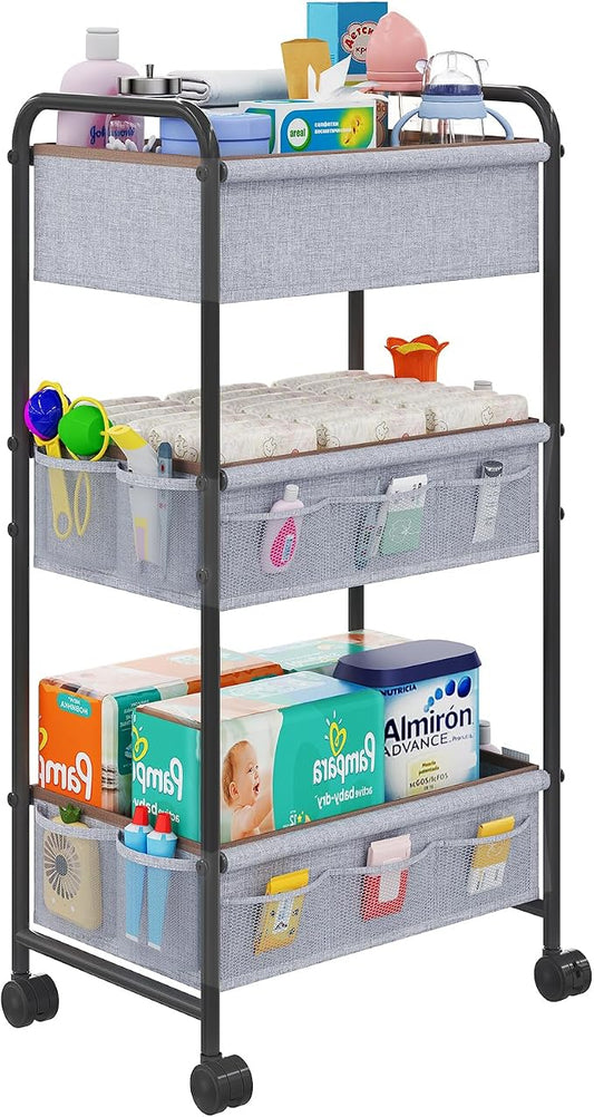 3-Tier Baby Diaper Caddy Cart Organizer with 2 Dividers & 14 Mesh Pockets - Black Mobile Nursery Storage Cart with Wheels, Durable Metal Utility Cart for Nursery, Bedroom, Baby Essentials Organization by Cidaziya