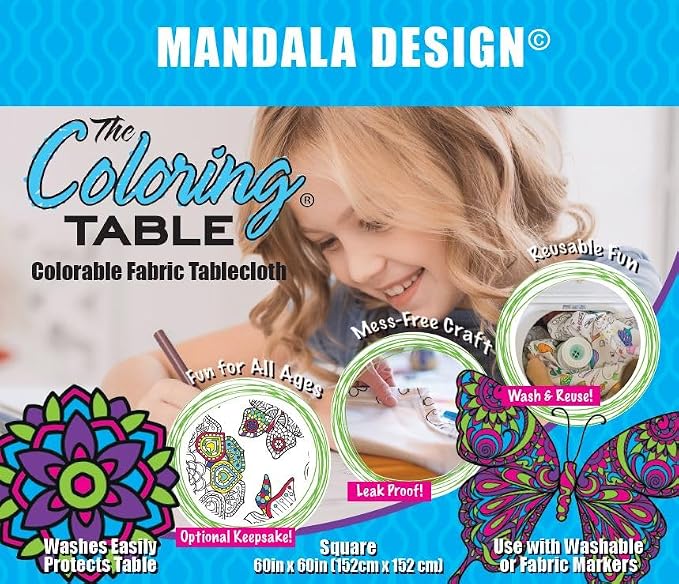 Mandala Design – Square Tablecloth 60”X60” - Interactive Coloring Tablecloth for Kids – Poly/Cotton Fabric - Washable and Reusable – DIY Activity for Children & Adults - Image 2