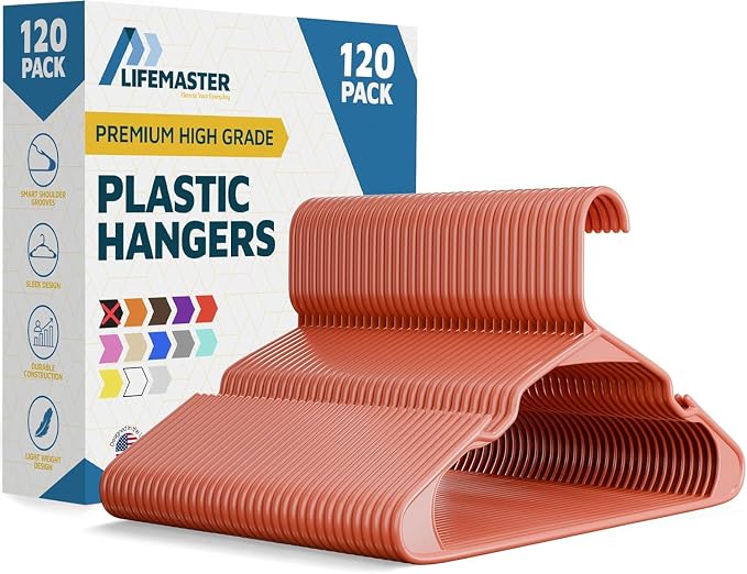 Lifemaster Plastic Clothes Hangers – Heavy Duty Hanger Set, for Organizing Clothes, Dresses, and Coat, Holds Up to 5 lbs, Space-Saving Hangers with Non-Slip Shoulder Grooves, Pack of 120, Dark Brown by LIFEMASTER