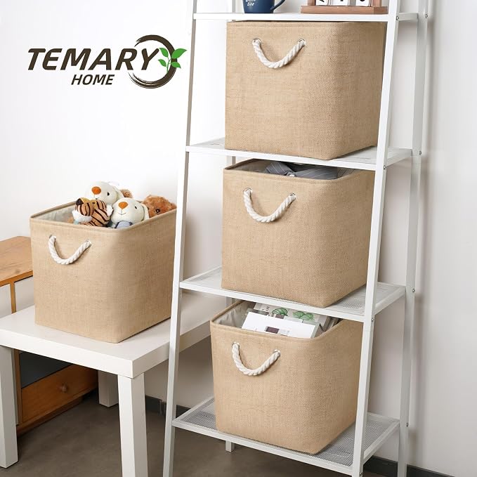 Temary Storage Baskets for Shelves 13 Inch Baskets for Gifts Empty, 4 Pack Shelf Baskets Decorative Storage Baskets Cube Collapsible Storage Bins Cubes with Handles for Storage (Linen Yellow) - Image 5