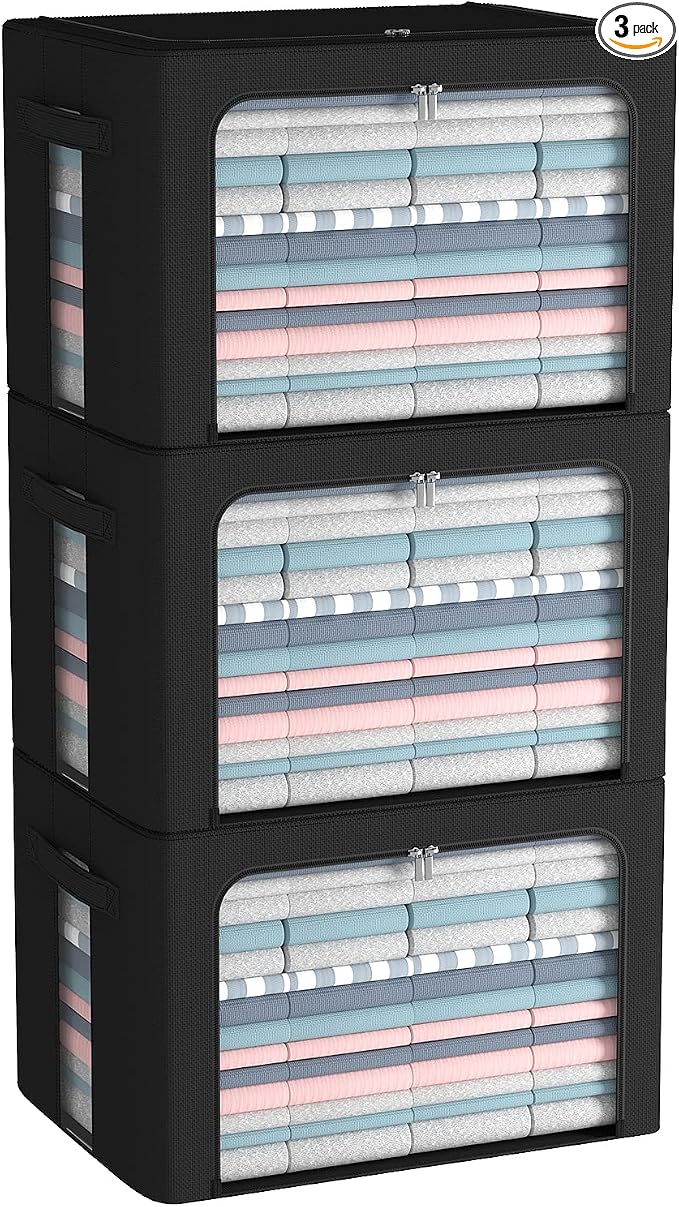 CYhom 3Pack Frame Storage Box - Clothes Storage Bin Bags Oxford Fabric Foldable Stackable Container Organizer Set with Clear Window & Carry Handles (Black, Large-66L) by CYhom