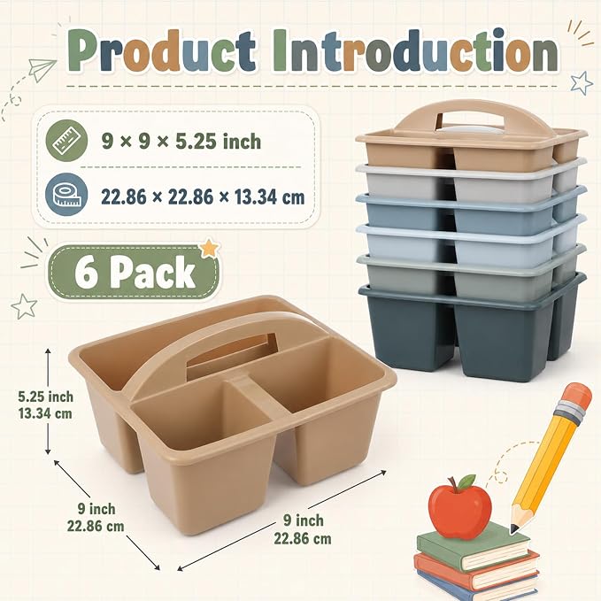 6 Pack 3 Compartment Small Caddy Plastic Classroom Organizer with Handle Portable Teacher Supply Storage Caddy Craft Art Caddies for Pencil, Crayon, Marker, Home, Office, School Supplies(Muted Nordic) - Image 2