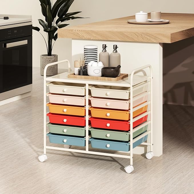 RELAX4LIFE 12-Drawer Rolling Storage Cart - Mobile Utility Cart on Wheels for School Classroom Teacher Office Salon, Paper File Art Supply Craft Organizer, Rolling Cart with Drawers (Macaron) - Image 8