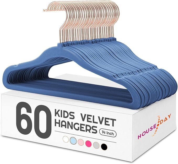 House Day Velvet Kids Hangers 60 Pack Blush Pink and Kids Clothes Hangers 60 Pack Light Blue, Premium Ultra Thin Cute Hangers for Childrens - Image 5