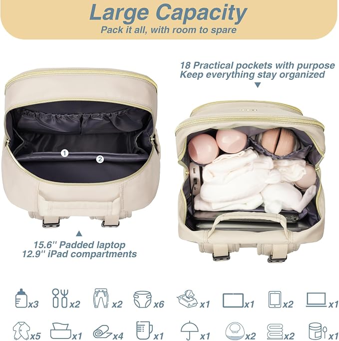 Diaper Bag Backpack, Quilted Baby Bag with Changing Pad and Stroller Straps and Pacifier Case, Multifunction Waterproof Travel Diaper Bags, Unisex, Beige - Image 4