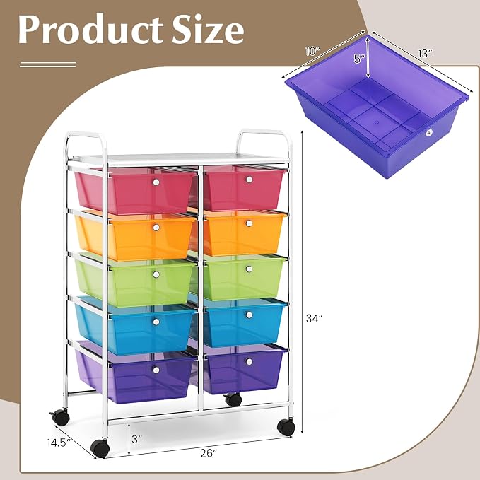 RELAX4LIFE Rolling Storage Cart with 10 Drawers - Craft Storage Cart with Lockable Wheels,Utility Cart, Art Cart Organizer for Crafting Storage, Studio, Office, School Rolling Drawer Cart (Rainbow) - Image 3