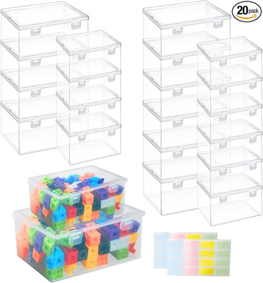 20 Pcs Plastic Playroom Storage Organizer Box Stackable Bins with Lids,Clear Storage Containers for Holds Small Toys, Building Blocks, Puzzles (7.09 x 5.2 x 3.43 Inch,5.6 x 4.1 x 2.4 Inch) by TANEMUDO