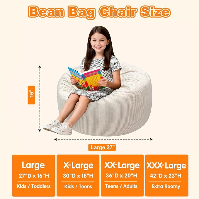 Lukeight Bean Bag Chair for Kids and Teens, Memory Foam Filled Floor Lounger, Washable Velvet Cover with Inner Liner, Beanbag Chair with Filling for Gaming and Reading, Beige, Large 27" D x 16" H - Image 2