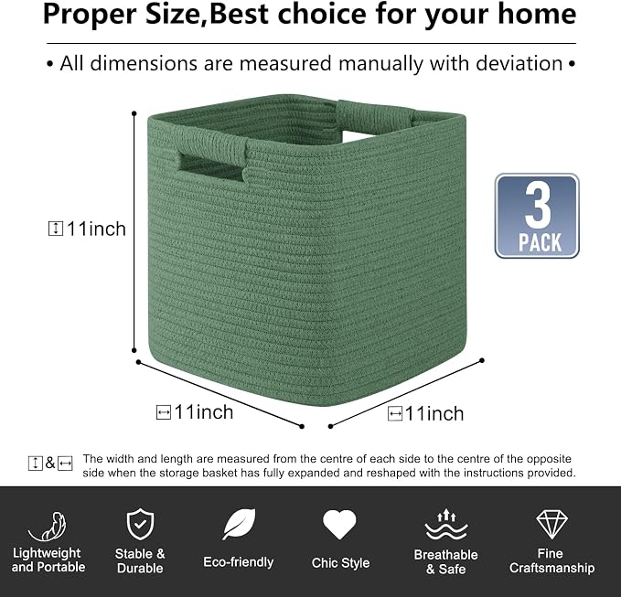 OIAHOMY Storage Cubes 11 Inch Storage Bins-3 Pack, Cotton Rope Woven Baskets for Organizing, Square Baskets for Shelves Organizer, Classroom, Toy Basket, Green - Image 3