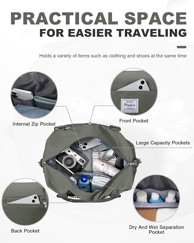 Travel Duffel Weekender Bag Women Tote Carry On Bags With Shoe Compartment | 18x14x8 inches Travel Overnight Bags with Trolley Sleeve for Airplanes Sport Tote Gym for Men Lightweight Daypack Green - Image 3