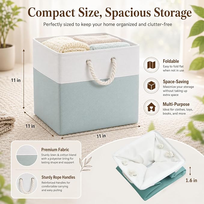 6 Pack 13x13 Inch Cube Storage Bins Fabric Square Cube Baskets, Light Green | Light Green Foldable Fabric Organizer with Handles, Home Closet Bin for Shelves, Durable Cube Baskets Bulk for Home Storage - Image 2