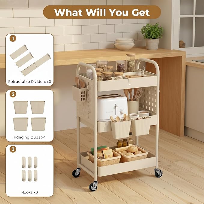 danpinera 3 Tier Rolling Cart with Retractable Dividers, Multi-Functional White Rolling Utility Cart with Pegboards, Hooks & Hanging Cups for Nursery, Living Room, Studio - Image 3