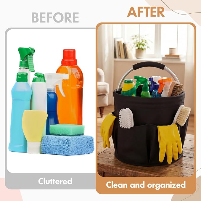 LemonRoad 4 Pack Cleaning Caddy with Handle 17L Foldable Cleaning Supplies Organizer Oxford Cloth Storage Basket with 6 Pockets & Soft Grip Portable Multi Bucket Bag for Home, Garden (Black) - Image 5