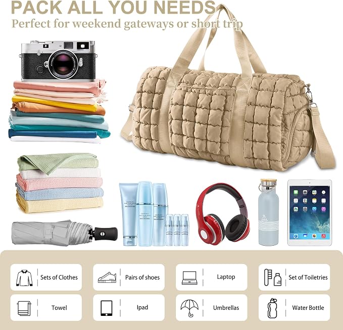 Quilted Travel Duffle Bag Gym Bag for Women,Large Puffer Duffle Weekender Bag with Compartment,Workout Overnight Carry on Organizer Bag Duffle Bag for Airplane Travel(Khaki) - Image 5