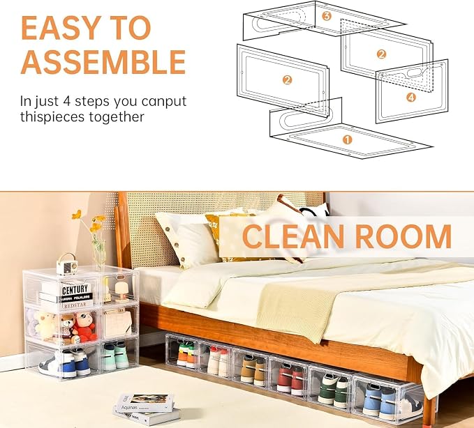 INSTY 12 Pack Large Shoe Storage Box, Clear Shoe Storage Organizer with Magnetic Door, Stackable,Shoe Containers For Display Sneakers, Easy Assembly, Fit up to US Size 12, Clear - Image 7