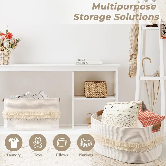 108L Large Basket for Living Room, Boho Decorative Basket Organizing with Handles, Cotton Rope Storage for Toys, Pillows, Clothes, 25’’*16’’*16’’ White - Image 7