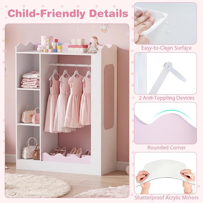 Costzon Kids Dress Up Storage with Mirror, Children Wardrobe Closet with Open Hanging Rack, Shelves and Cabinet, Kids Armoire Costume Organizer for Bedroom, Kids Room, Playroom, Preschool (White) - Image 6