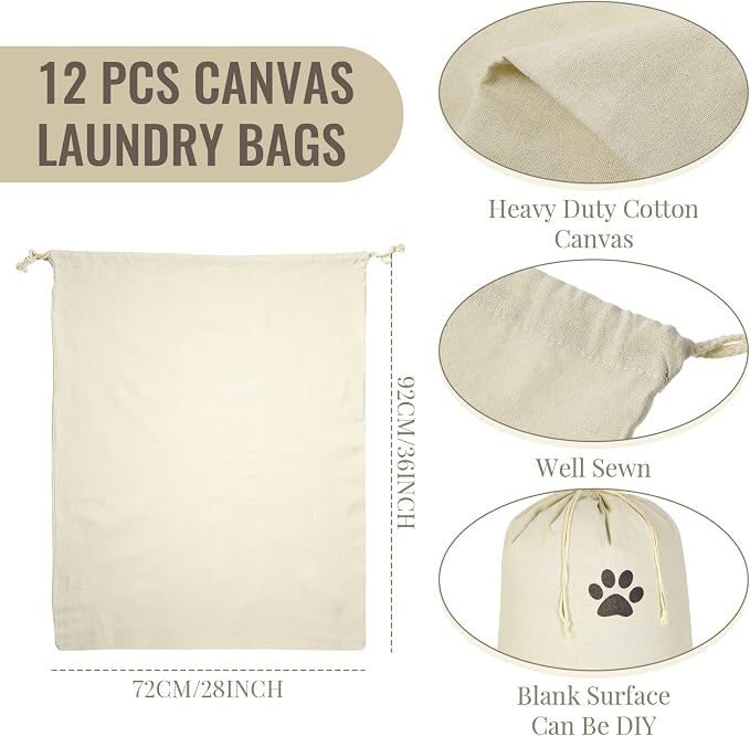 12 Pcs 28" x 36" Canvas Laundry Bags Bulk Large Cotton Laundry with Drawstring Heavy Duty Hamper Liner Washable Dirty Clothes for home College Sports Dorms Travel - Image 2