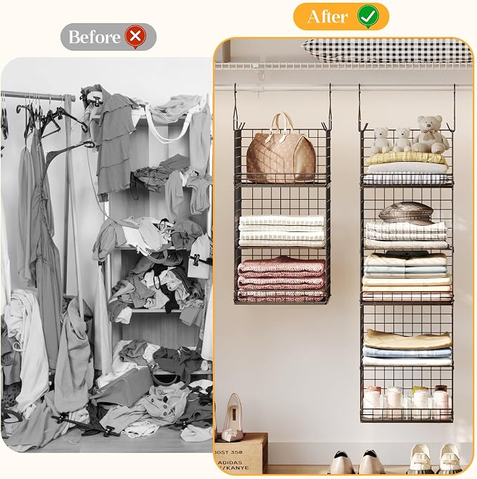 Yuyetuyo 5 Tier Closet Hanging Organizer and Storage Separable Hanging Closet Shelves with 4 Hooks 2 Adjustable Dividers, Wire Storage Basket Bins for Clothing Sweaters Socks Dolls Handbags, Foldable - Image 9
