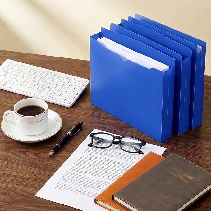 Dunzoom 50 Pack File Jackets Letter Size 2 Inch Blue Expansion Manila Plastic File Folders Expandable Heavy Duty Reinforced Straight Cut Tab Expandable Document Jacket for Office - Image 5