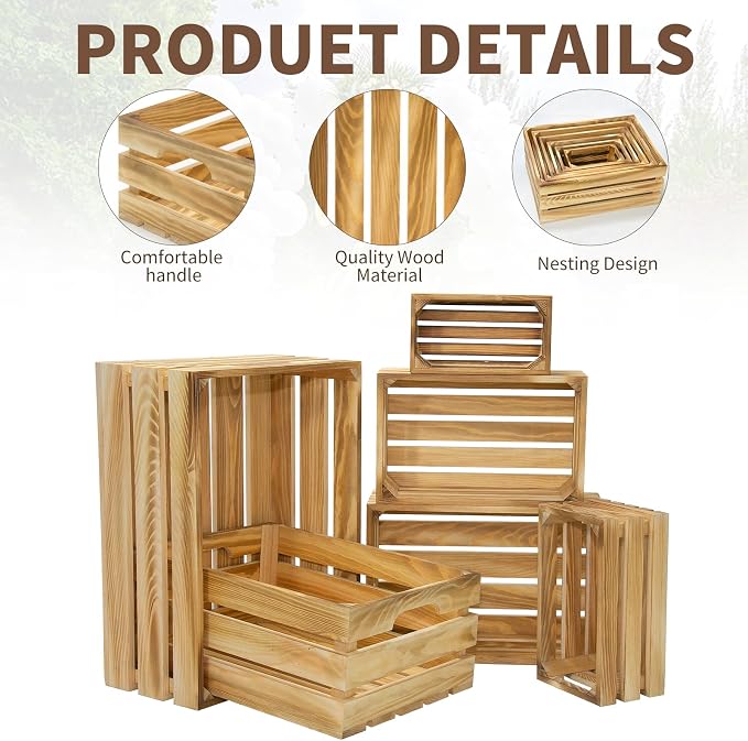 6 Pcs Wooden Crates for Display, Nesting Wood Crate for Storage, 6 Size | Farmhouse Weddings Wooden Basket for Storage Container and Decorations, Rustic Wood Crates for Farmers Market, Birthday, DIY - Image 3