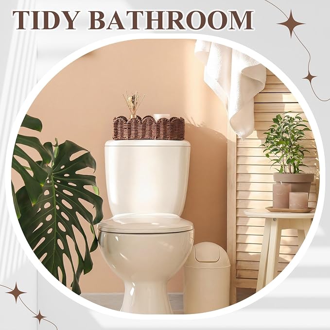 Boao 3 Pcs Boho Storage Wicker Baskets Handmade Woven Decorative Paper Rope Baskets for Organizing with Handle Countertop Toilet Paper Storage Container for Toilet Tank Top(Light Brown,Fan-shaped) - Image 5