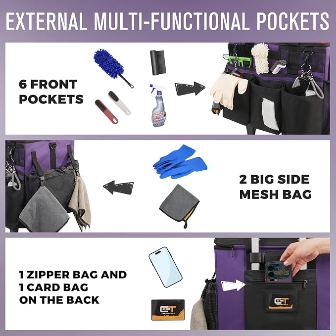 SCAVATA Rolling Cleaning Caddy Bag with Detachable Trolley, Large Cleaning Supplies Organizer with Wheels, Multi Pocket Cleaning Cart with Adjustable Shoulder Strap for Housekeeper & Home, GrapePurple - Image 2