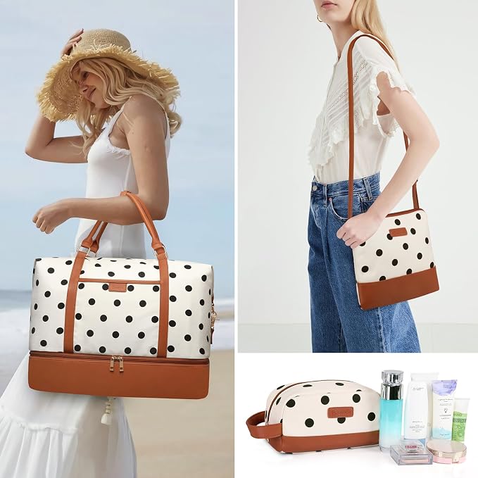 3Pcs Set Polka Dots Weekender Bags for Women Canvas Carry On Overnight Bag Travel Duffle Tote Bag for with Shoes Compartment, Brown - Image 2