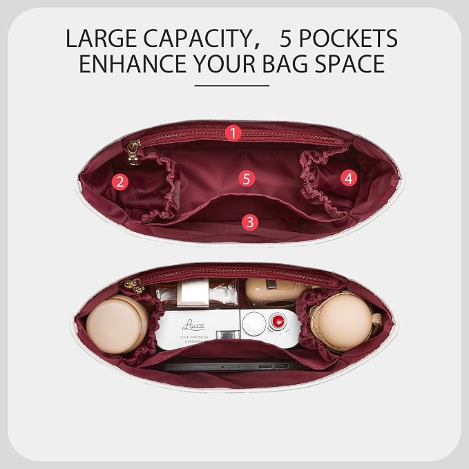 Tyvek Purse Organizer Insert for Coach Brooklyn 28 Shoulder Bag | Waterproof Bag Insert, 5 Pocket Storage, Elastic Bottle Holder, Zipper Pocket, Tote Bag Dividers, Everyday Use, White Maple - Image 3