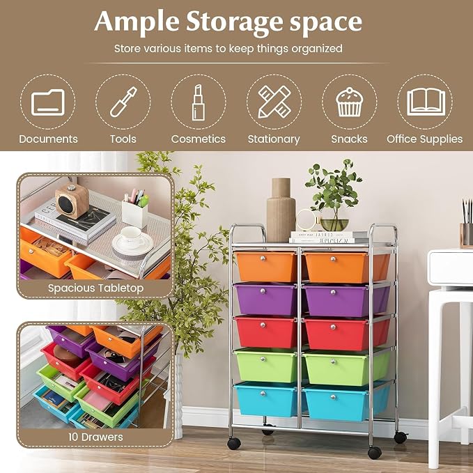 10 Drawer Rolling Cart, Storage Cart Organizer on Wheels, Drawer Cart with Metal Frame & Large Storage Capacity, Rolling Cart with Drawers for Living Room Classroom, Office - Image 5