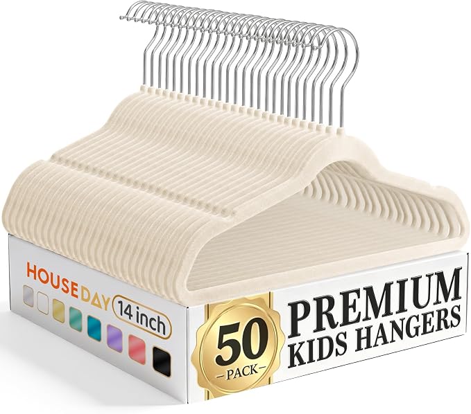 HOUSE DAY 14 Inch Kids Velvet Hangers 50 Pack, Durable Big Kid Hanger Beige | Children Hangers for Youth, Teen, Non Slip Kids Felt Hanger, Cute Small Hanger for Closet, Ideal for Everyday Use by HOUSEDAY