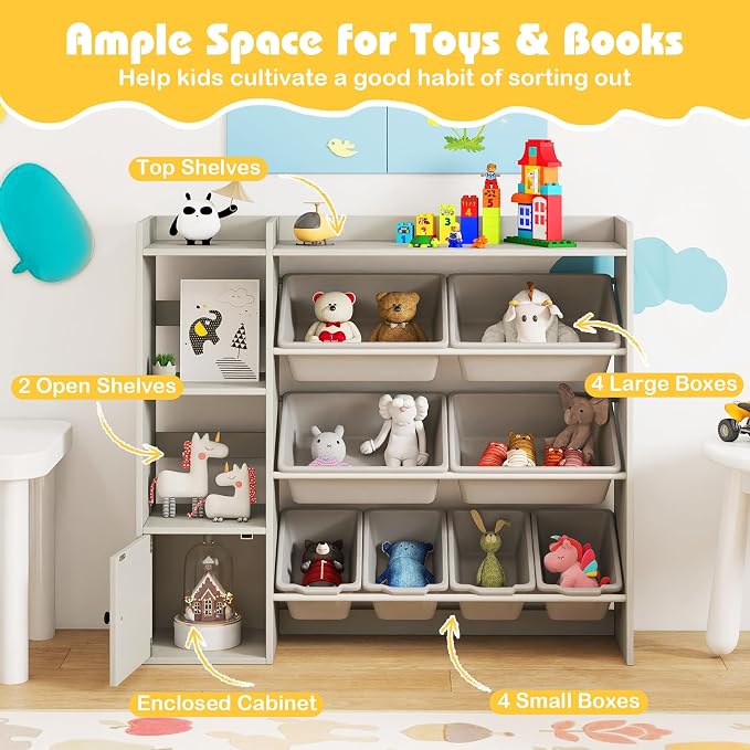 Costzon Kids Toy Storage Organizer w/ 8 Bins, Wooden Toddler Bookcase w/Open Shelves & Cabinet, Multifunctional Toy Storage Cabinet for Kids Room, Nursery & Playroom - Image 3