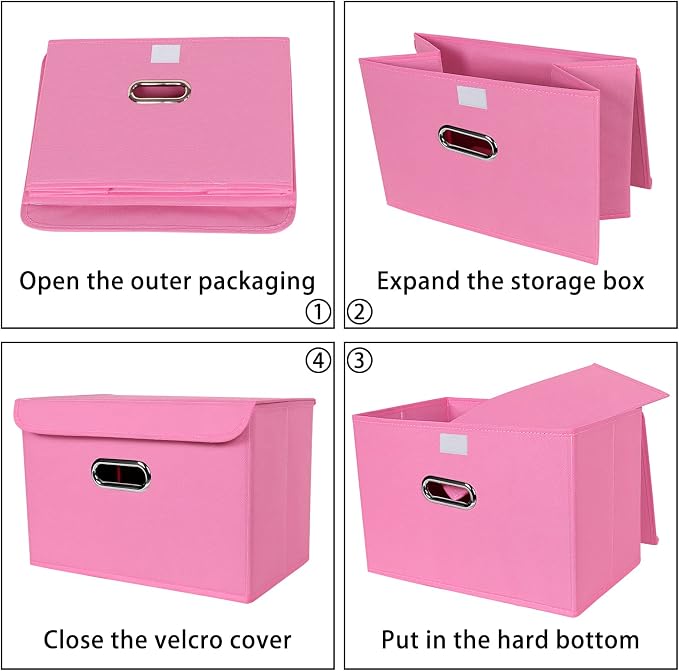 Linen Fabric Foldable Collapsible Storage Cube Bin Organizer Basket Fabric Storage Bins with Lid, Leather Handles, Removable Divider for Home, Closet, Pink 3Pcs - Image 6