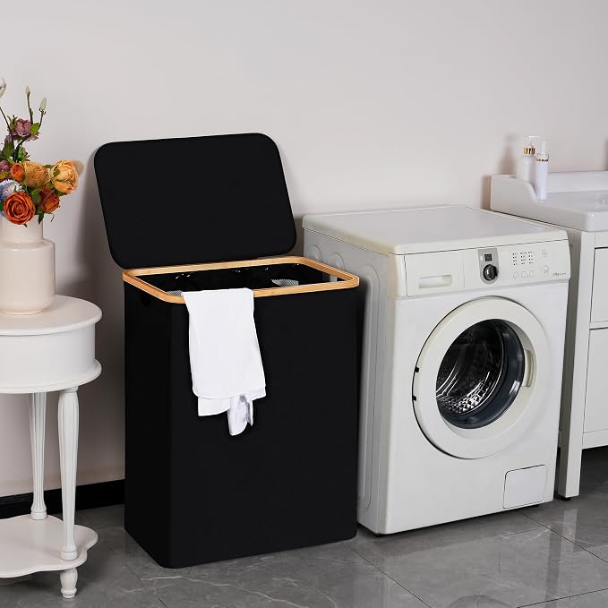 efluky Laundry Hamper with Lid, Trio Laundry Basket with 2 Removable Bags, 3 Section Laundry Bin with Bamboo Handles for Bathroom, Bedroom & Laundry Room, 160L (42.3 Gallon) Black - Image 6