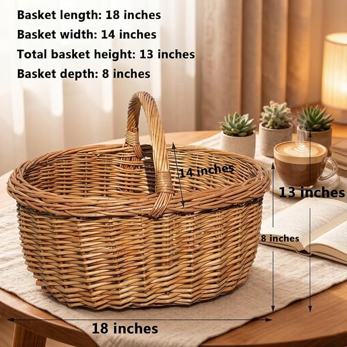 Large Oval Wicker Picnic Basket with Sturdy Handle - 18x14x13 Inch Handwoven Willow Storage Basket for Picnic, Camping, Home Organization, Fruit and Vegetable Serving - Image 3
