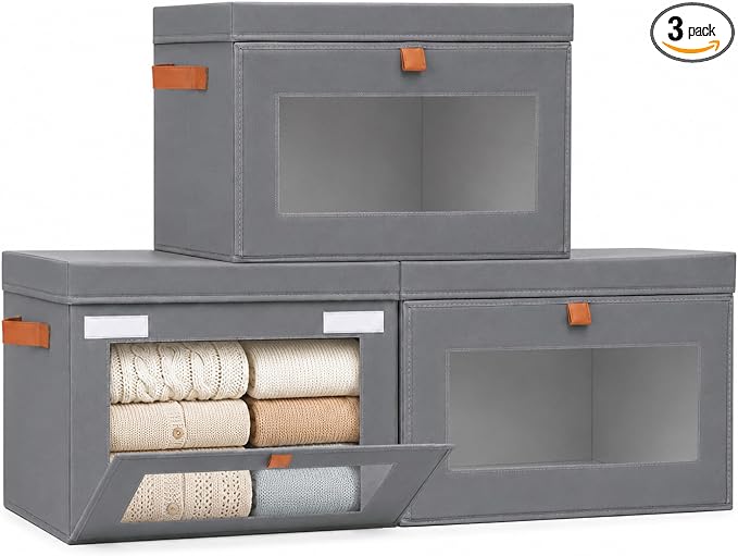 combocube Storage Bins with Lids, 3 Pack Large Fabric Closet Organizer | 800gsm PP Board, Front Opening & Easy-Access Window, 3-Handle Design, Dust-Proof Collapsible Boxes for Sweaters, Blankets by combocube