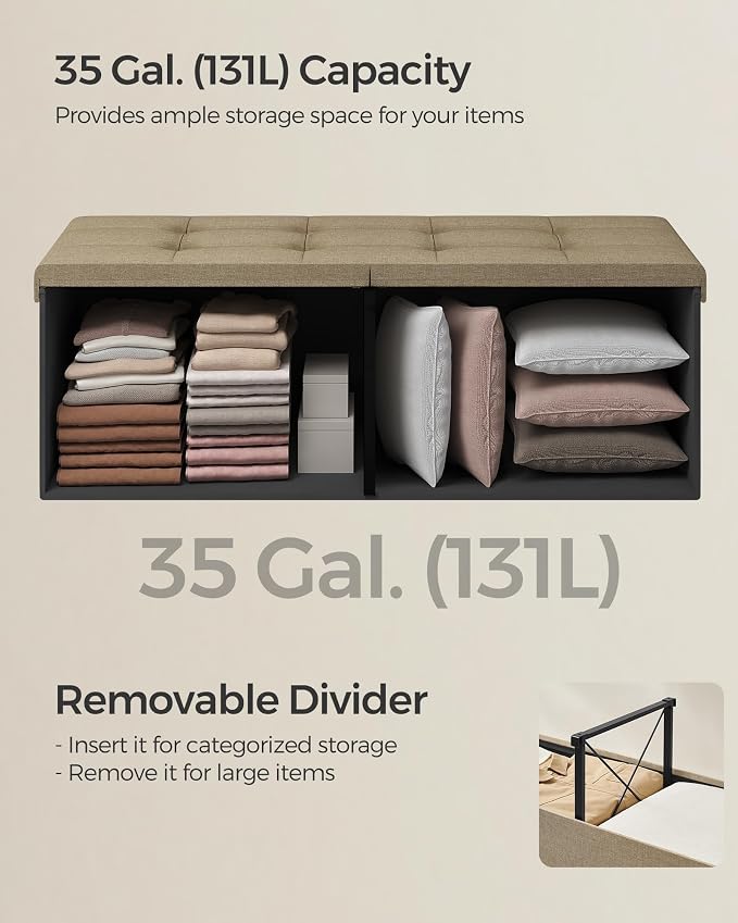 SONGMICS Mazie Collection - 43 Inches Storage Ottoman, Foldable Storage Bench with Flipping Lid, 660 lb Load Capacity, for Entryway, Living Room, Bedroom, Camel Brown ULSF076K01 - Image 5