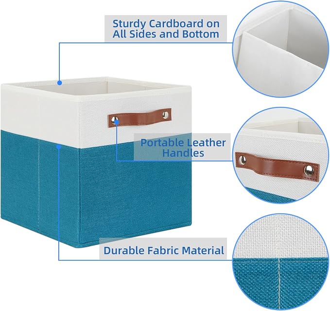 Temary Storage Cube Bins 11 Cube Storage Bins Storage Baskets for Closet, Shelves 4 Pack Fabric Organizer Bins with Leather Handles(White&Teal) - Image 3