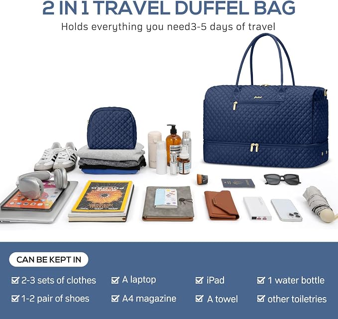 Travel Weekender Bags for Women - Carry on Overnight Bags with Shoe Compartment Duffle Bag with Laptop Pocket Hospital Bag for Labor Delivery Gym Tote Bag with Toiletry Bag Blue - Image 4