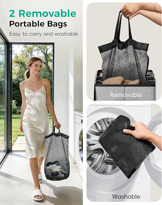 150L Dual-Compartment Laundry Hamper with Lid & Removable Inner Bag – Large 2-Section Clothes Hamper for Home, Dorm & Laundry Room - Image 6