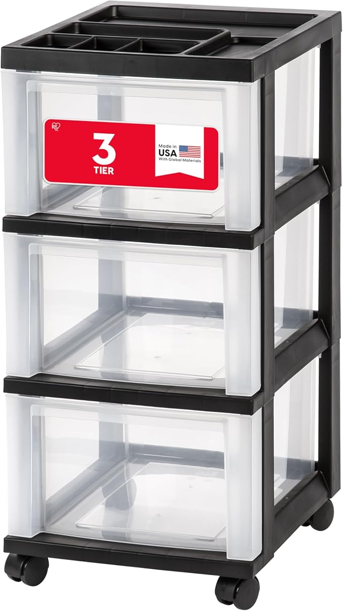 IRIS USA 3-Drawer Rolling Storage Cart, Black/Clear | Keep classroom supplies, teacher essentials, craft materials, and learning tools organized with easy-access drawers. by IRISUSA