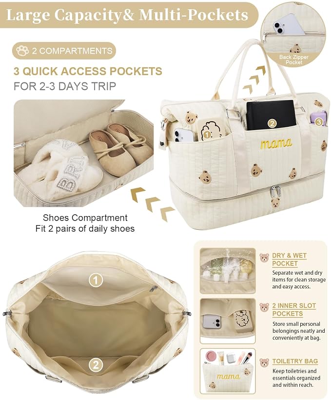 Mama Maternity Hospital Bag Essentials for Women Labor Delivery Baby Diaper Organizer with Shoe Compartment & Toiletry Pouch Travel Duffle Bag for Pregnancy Mommy Weekender Overnight Gifts,Beige Bear - Image 3