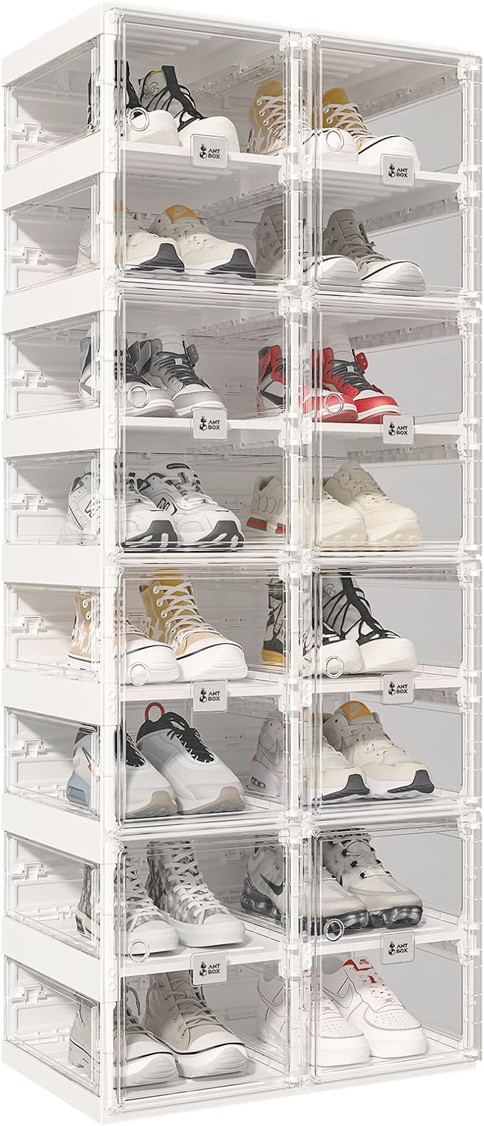 ANTBOX Foldable Shoe Rack,Shoe Organizers for Closet Plastic Shoe Storage Box Space Saving for Entryway, Large Sturdy Stackable Sneaker Cabinet Bins with Magnetic Clear Door 8 Tiers 16 Pairs by ANTBOX