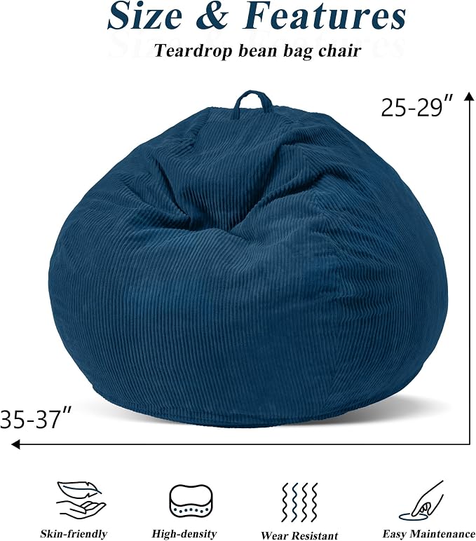 3FT Bean Bag Chair for Adults,3' Big Teardrop Beanbag with Filler | Beanbag Chair with Memory Foam Filled,Bean Bags with Handy Handle&Machine Washable Cover for Living Room,Bedroom-Dark Blue - Image 2