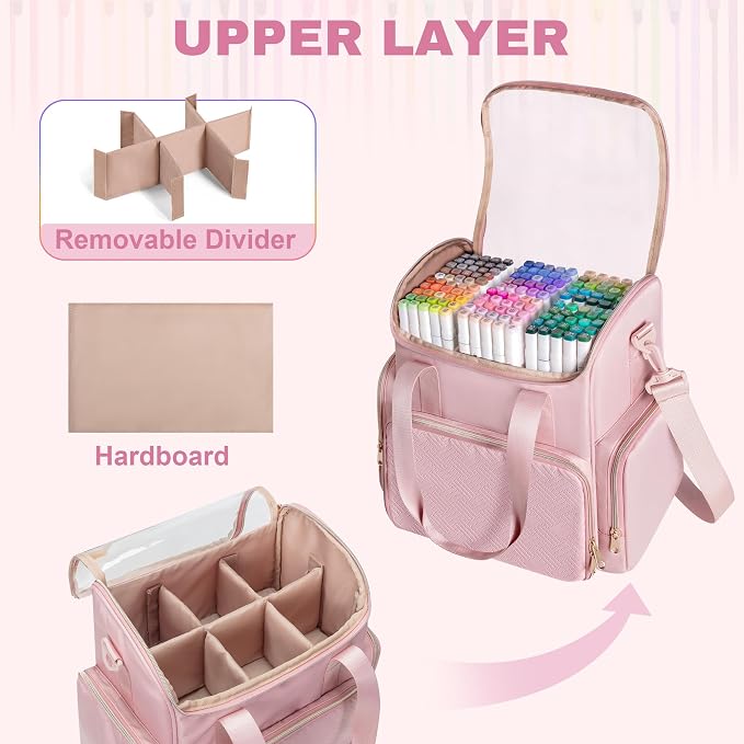 Rexmica Double Layer Marker Organizer Bag for 400 Markers, Pink | Inner Dividers, Shoulder Strap, Large Marker Storage Case for Art Marker/Coloring Book/Painting Supplies, Patented Design - Image 2