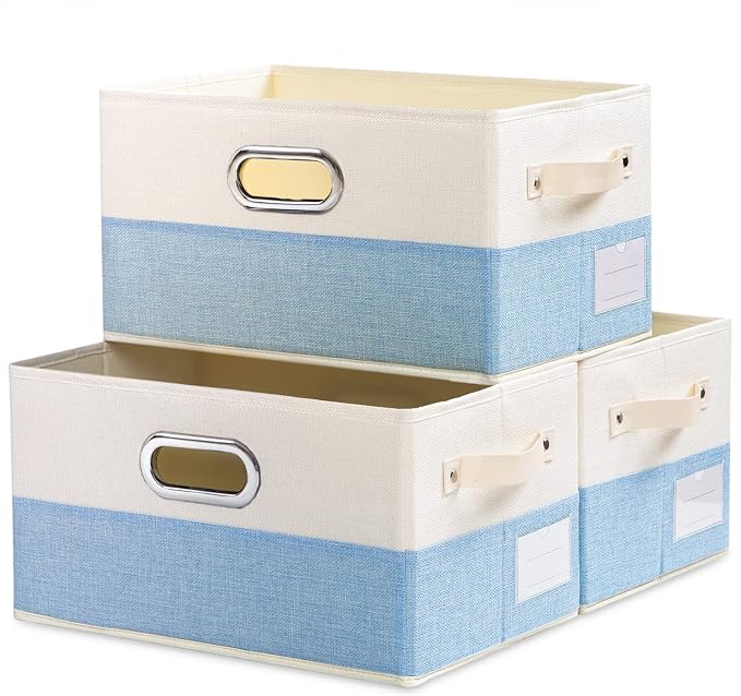 Large Fodable Storage Baskets for Closet [3-pack] Decorative Fabric Storage Bins Cubes with Leather/Metal Handles for Shelves Bedroom Living Room Blue&Cream (14.9x9.8x8.3 Inch) by Prandom