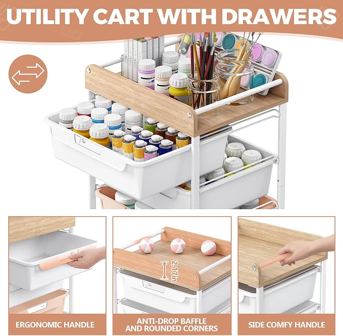 SYKIARIOL Rolling Storage Utility Cart with 4 Drawers,Art Cart,Pearl | Kids Craft Cart,Makeup Organizer and Storage with Wooden Tabletop - Image 3