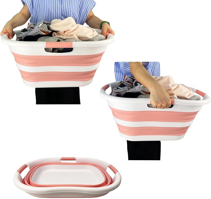 SAMMART 40L (10.5 gallon) Set of 2 Collapsible Plastic Laundry Hamper - Foldable Pop Up Storage Container/Organizer - Portable Washing Tub - Space Saving Basket (2, White/Quartz Pink) - Image 6