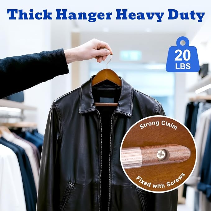 HOUSE DAY Wide Shoulder Wooden Hangers, Suit Hangers with Non Slip Pants Bar, Smooth Finish 360° Swivel Hook Solid Wood Coat Hangers for Dress, Jacket, Pants, Heavy Clothes Hangers 6 Pack (Walnut) - Image 5